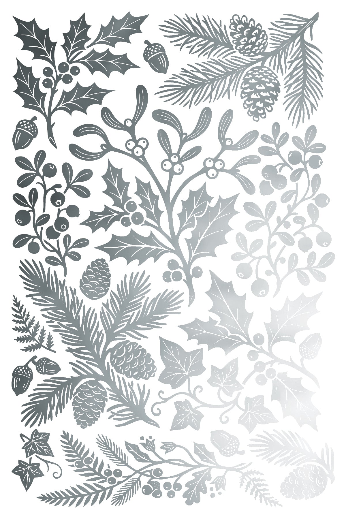 A sheet of silver metallic foil stamps featuring various winter botanical designs, including mistletoe, holly leaves, pine branches, acorns, and ivy, arranged on a white background. From Iron Orchid Designs
