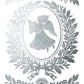 A monochrome silver-toned decorative graphic featuring a central oval with an angel figure surrounded by ornate leafy wreaths and floral motifs on a white background. From Iron Orchid Designs