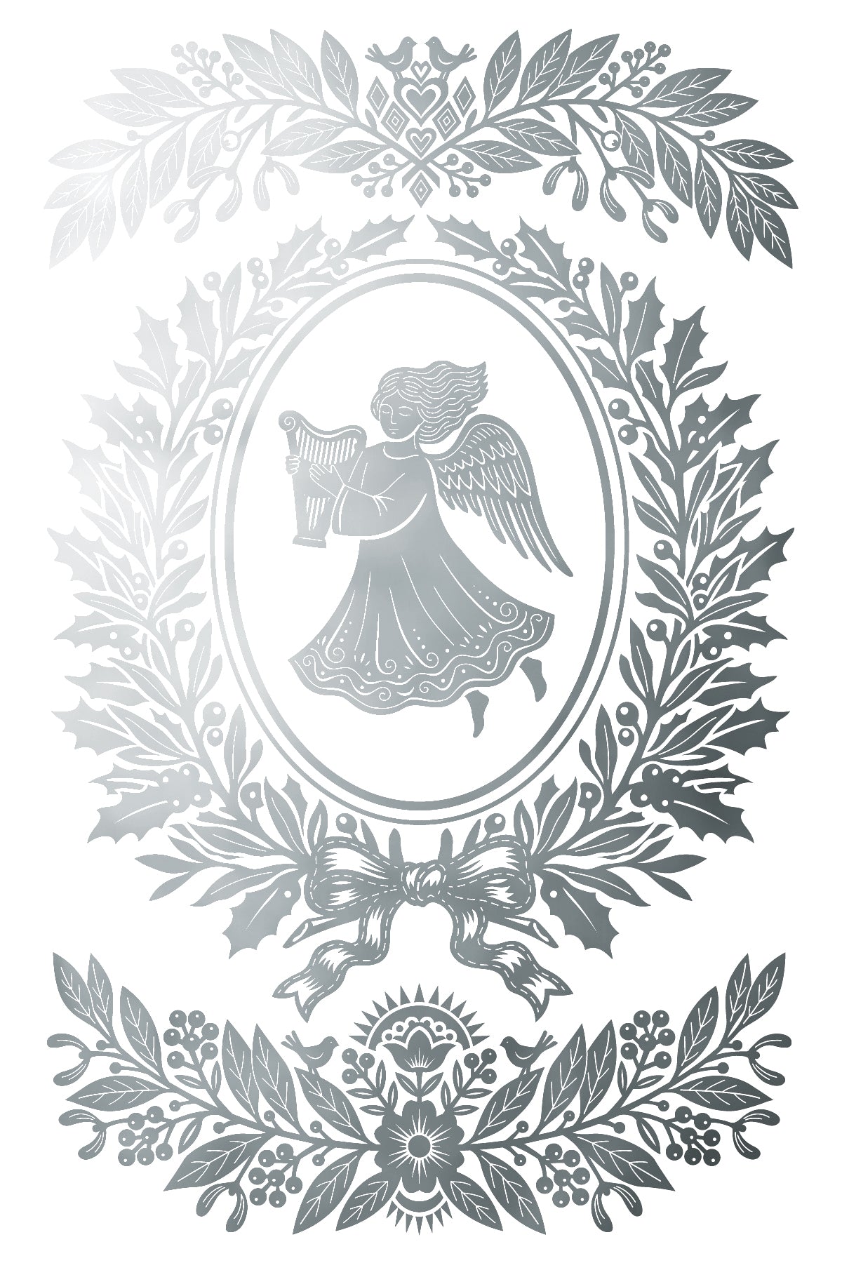 A monochrome silver-toned decorative graphic featuring a central oval with an angel figure surrounded by ornate leafy wreaths and floral motifs on a white background. From Iron Orchid Designs