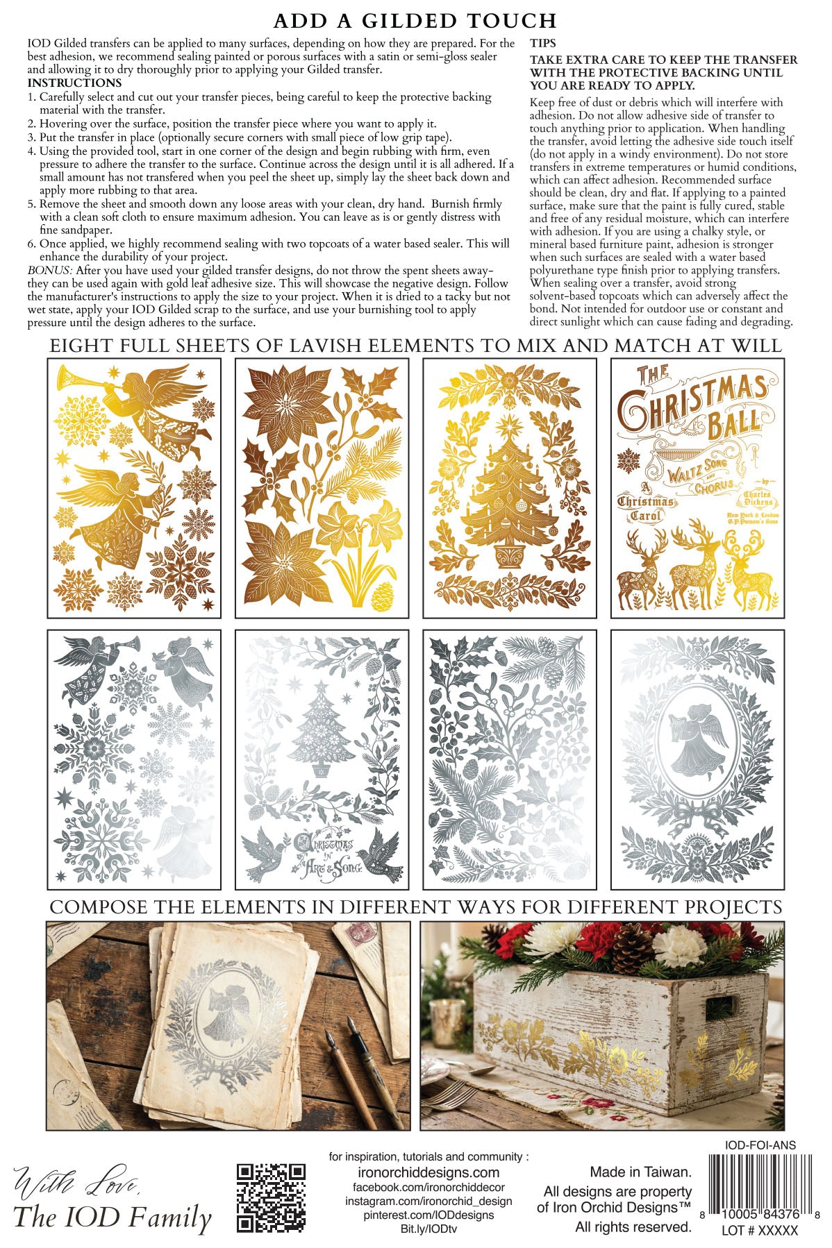 Back cover of a craft pattern booklet titled 'ADD A GILDED TOUCH' by The IOD Family, showing product details, text instructions, and sample stencil designs in gold and silver on a white background.