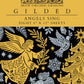 Cover of the Iron Orchid Designs 'Gilded' sheet set, featuring a gold and black background with silver-gray illustrations of angels, a Christmas tree, and snowflakes. Text indicates eight 8" x 12" sheets.