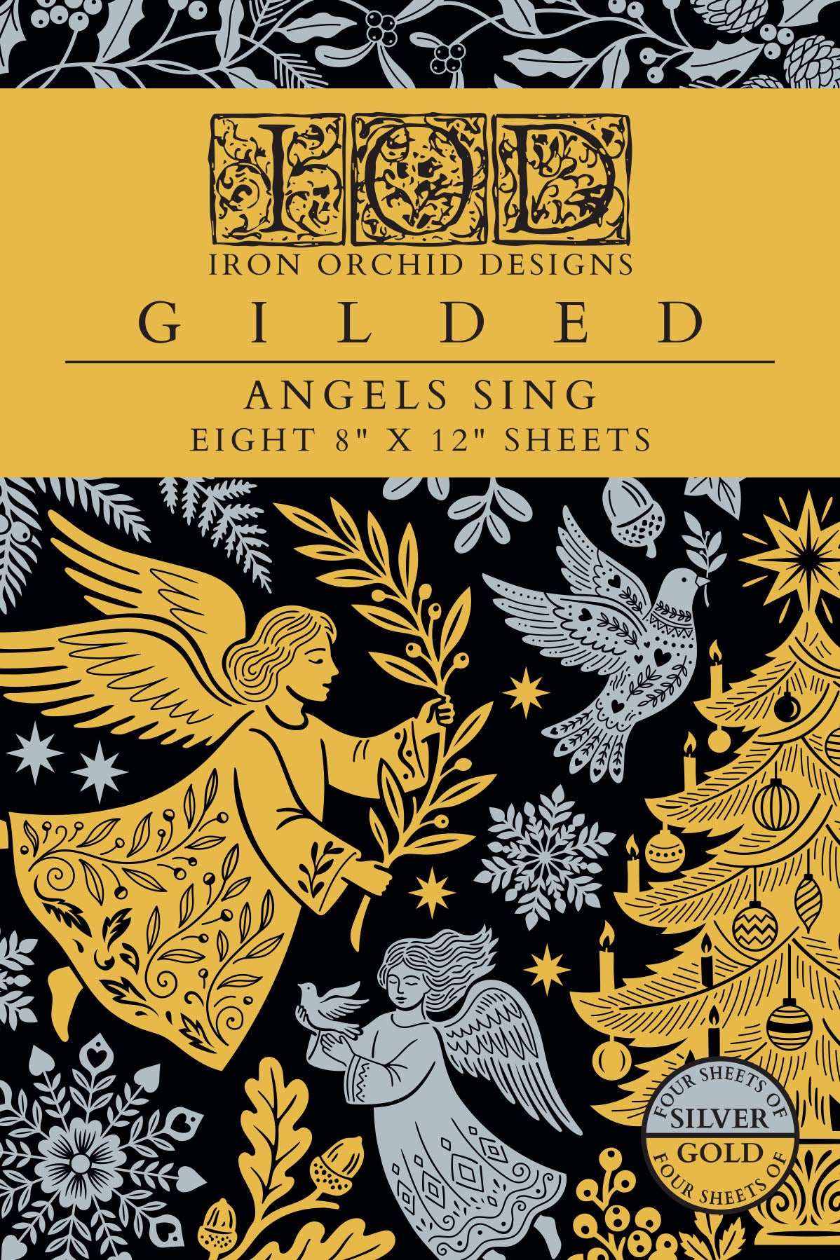 Cover of the Iron Orchid Designs 'Gilded' sheet set, featuring a gold and black background with silver-gray illustrations of angels, a Christmas tree, and snowflakes. Text indicates eight 8" x 12" sheets.