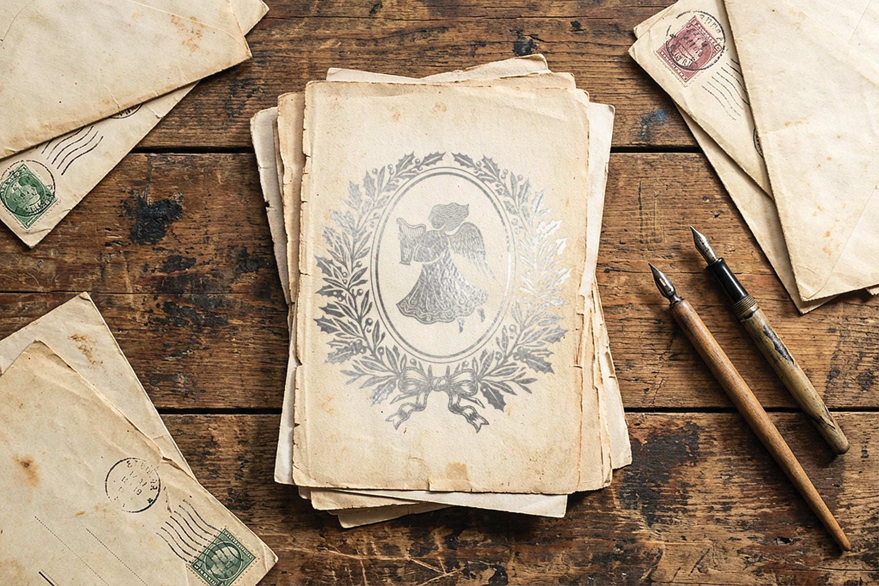 A stack of vintage aged paper letters with a central illustration of an angel, displayed on a rustic wooden table alongside old stamps and two fountain pens. From Iron Orchid Designs