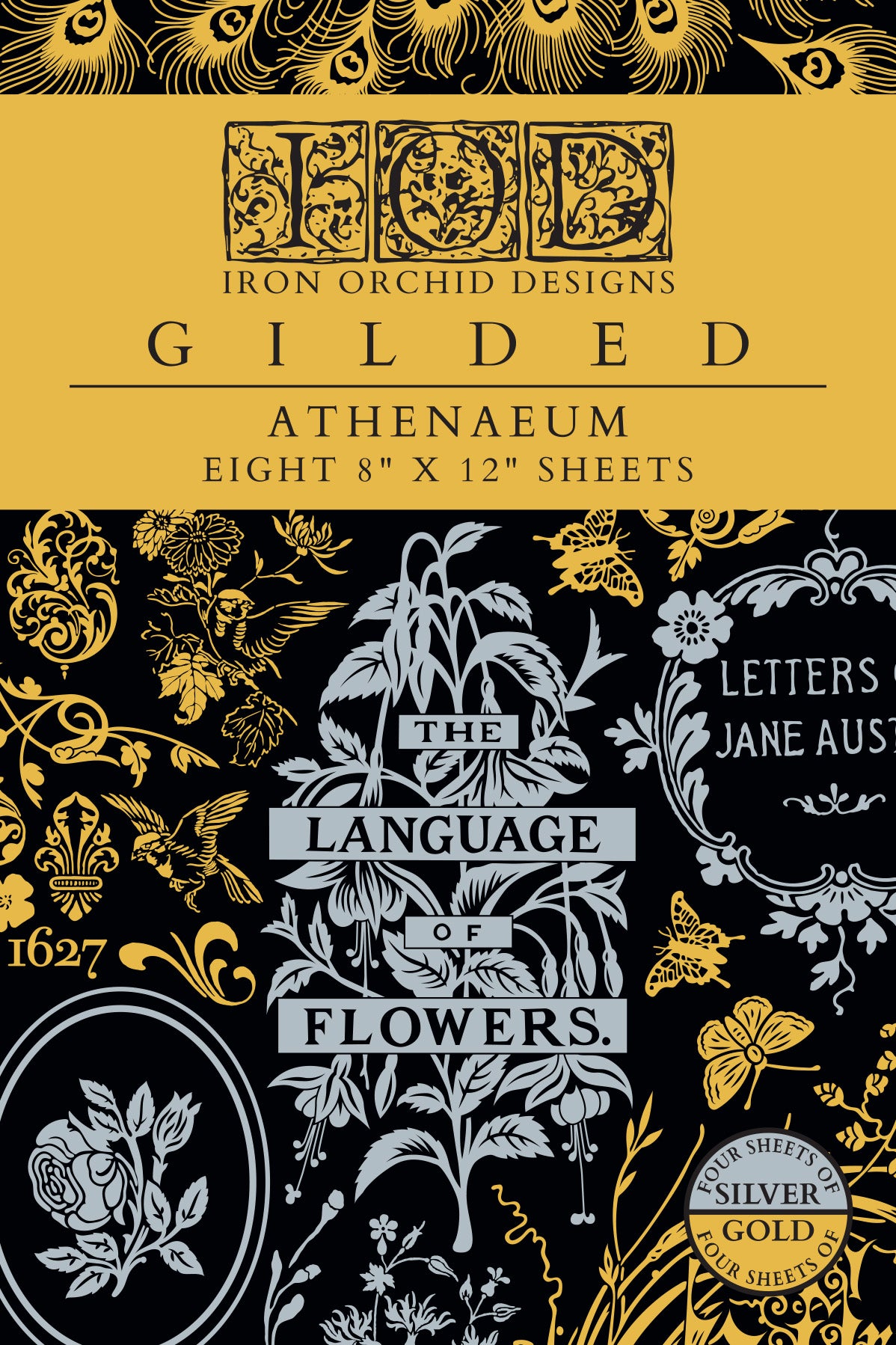 Gilded Athenaeum Transfer from Iron Orchid Designs with decorative gold and silver designs and text on a black background