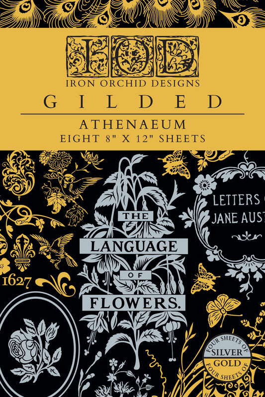 Gilded Athenaeum Transfer from Iron Orchid Designs with decorative gold and silver designs and text on a black background