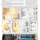 Back of product packaging with gold and silver designs, text instructions, and a sample application on books and a tray. From Iron Orchid Designs Athenaeum gilded transfer