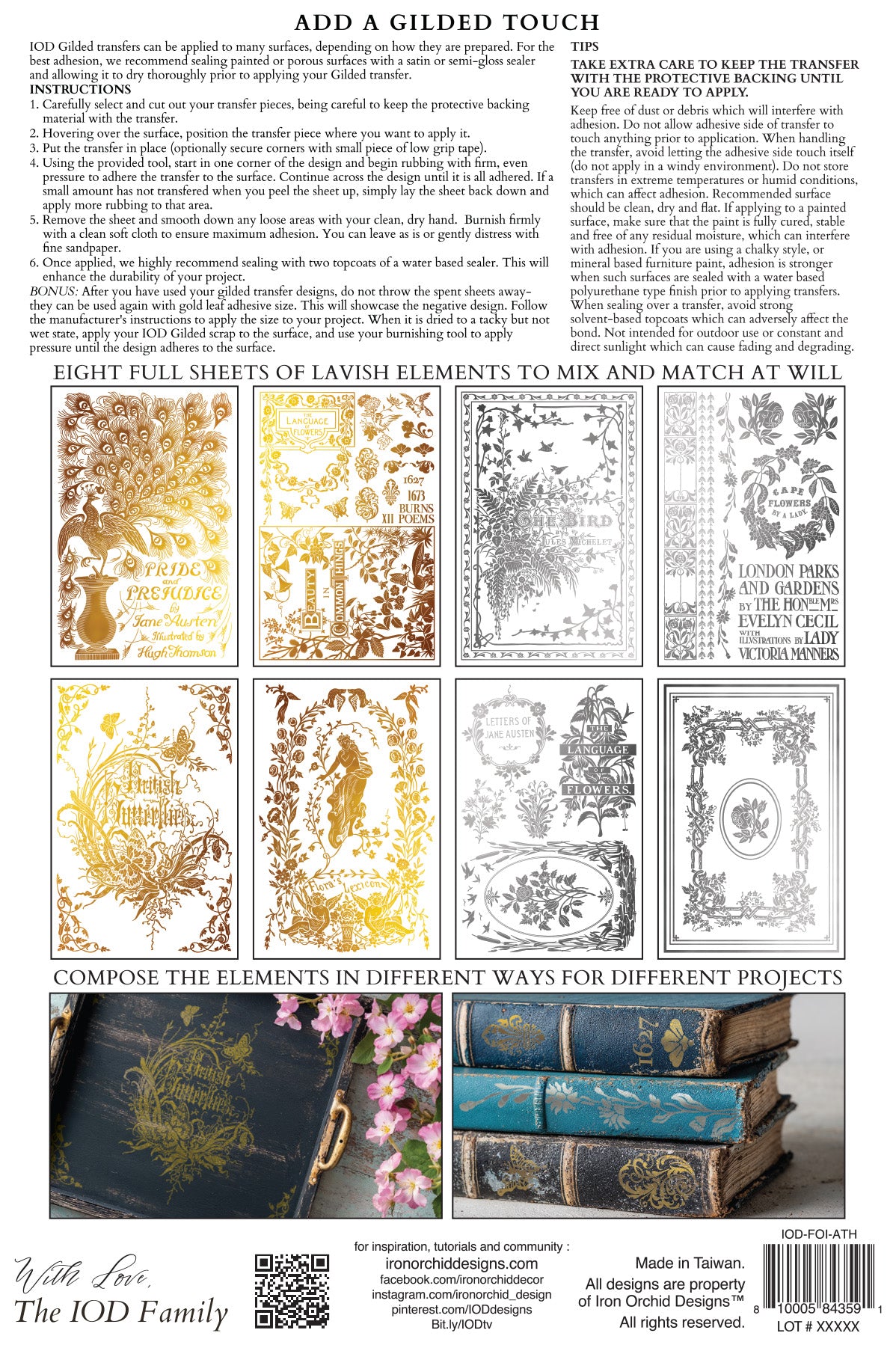 Back of product packaging with gold and silver designs, text instructions, and a sample application on books and a tray. From Iron Orchid Designs Athenaeum gilded transfer