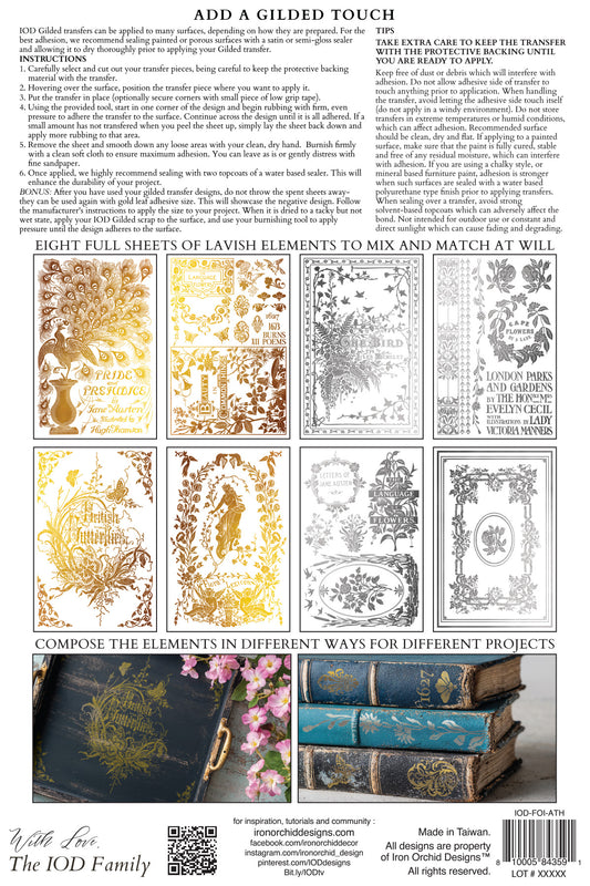 Back of product packaging with gold and silver designs, text instructions, and a sample application on books and a tray. From Iron Orchid Designs Athenaeum gilded transfer