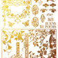 Decorative gold designs with floral elements and text on a white background from Iron Orchid Designs Athenaeum gilded transfer