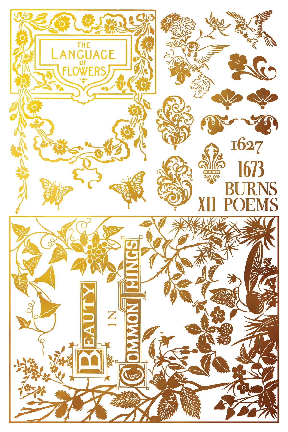 Decorative gold designs with floral elements and text on a white background from Iron Orchid Designs Athenaeum gilded transfer