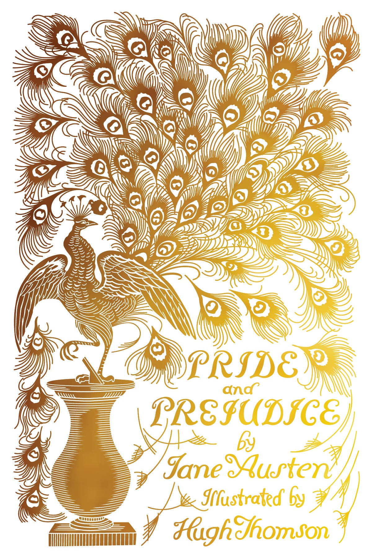 Book cover of 'Pride and Prejudice' with gold peacock feathers and illustration from Iron Orchid Designs Athenaeum gilded transfer