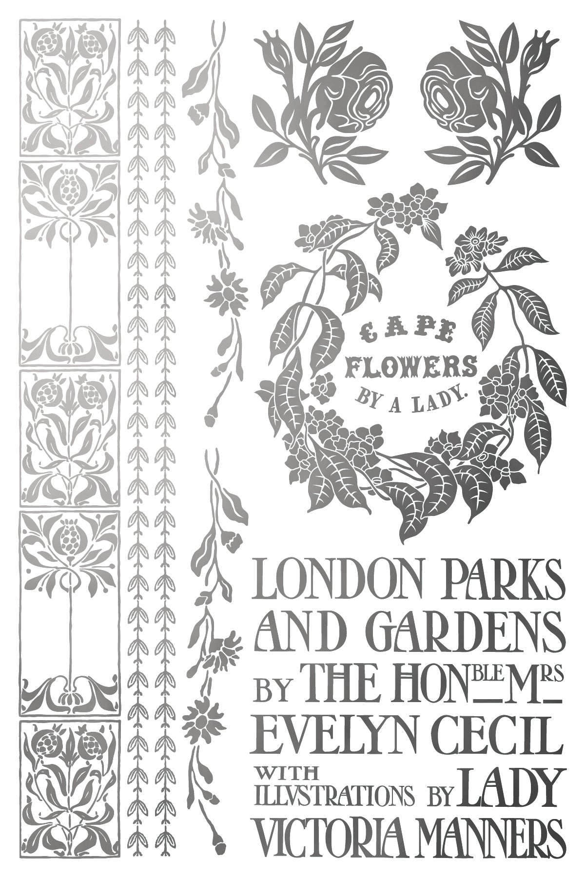 Decorative book cover design in silver with floral designs and text about London parks and gardens. From Iron Orchid Designs Athenaeum gilded transfer