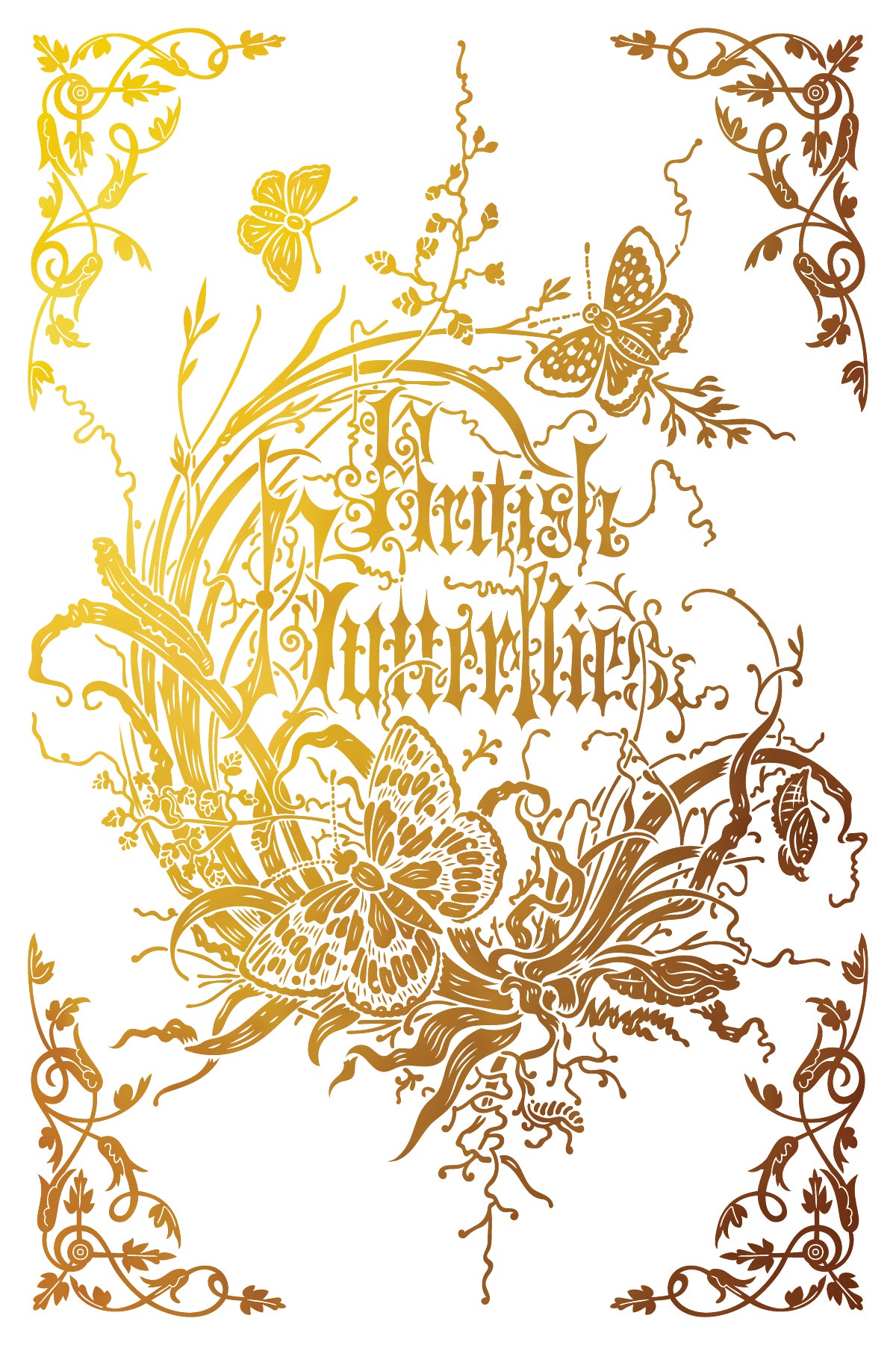 Decorative book cover with gold  butterflies and intricate designs on a white background from Iron Orchid Designs Athenaeum gilded transfer