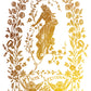 Decorative gold design with a central figure surrounded by floral elements and text on a white background from Iron Orchid Designs Athenaeum gilded transfer