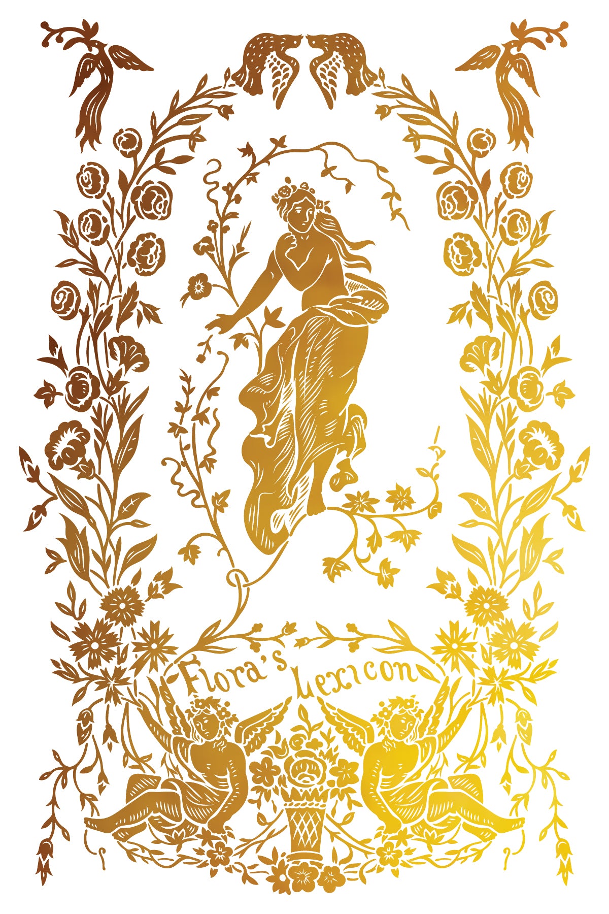 Decorative gold design with a central figure surrounded by floral elements and text on a white background from Iron Orchid Designs Athenaeum gilded transfer