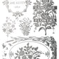 Decorative elements in silver with floral designs and text inspired by Jane Austen's 'The Language of Flowers'. From iron Orchid Designs Athenaeum gilded transfer