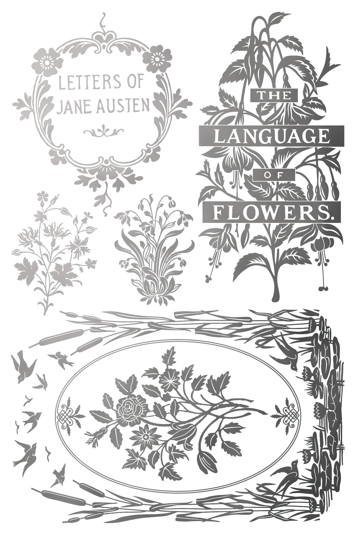 Decorative elements in silver with floral designs and text inspired by Jane Austen's 'The Language of Flowers'. From iron Orchid Designs Athenaeum gilded transfer