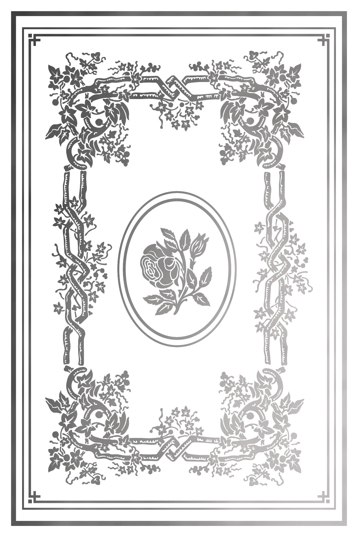 Decorative silver floral frame with a central rose design on a white background from Iron Orchid Designs Athenaeum gilded transfer