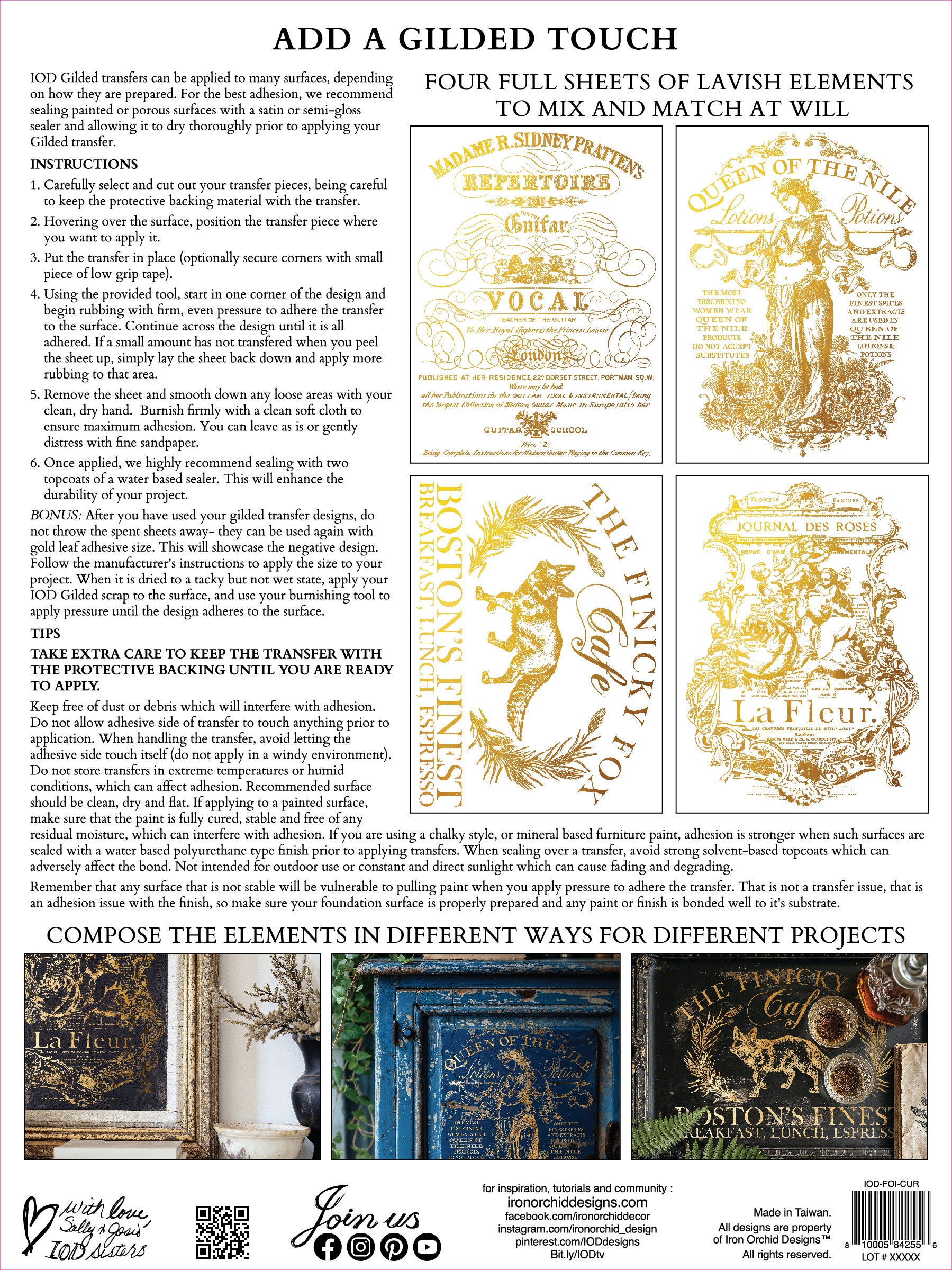 Back of packet for Iron Orchid Designs Curated Signage Gilded Transfer. There are instructions alongside four images of text, a fox, an exotic lady and French cherubs, flowers and text. They are all vintage advertising images.