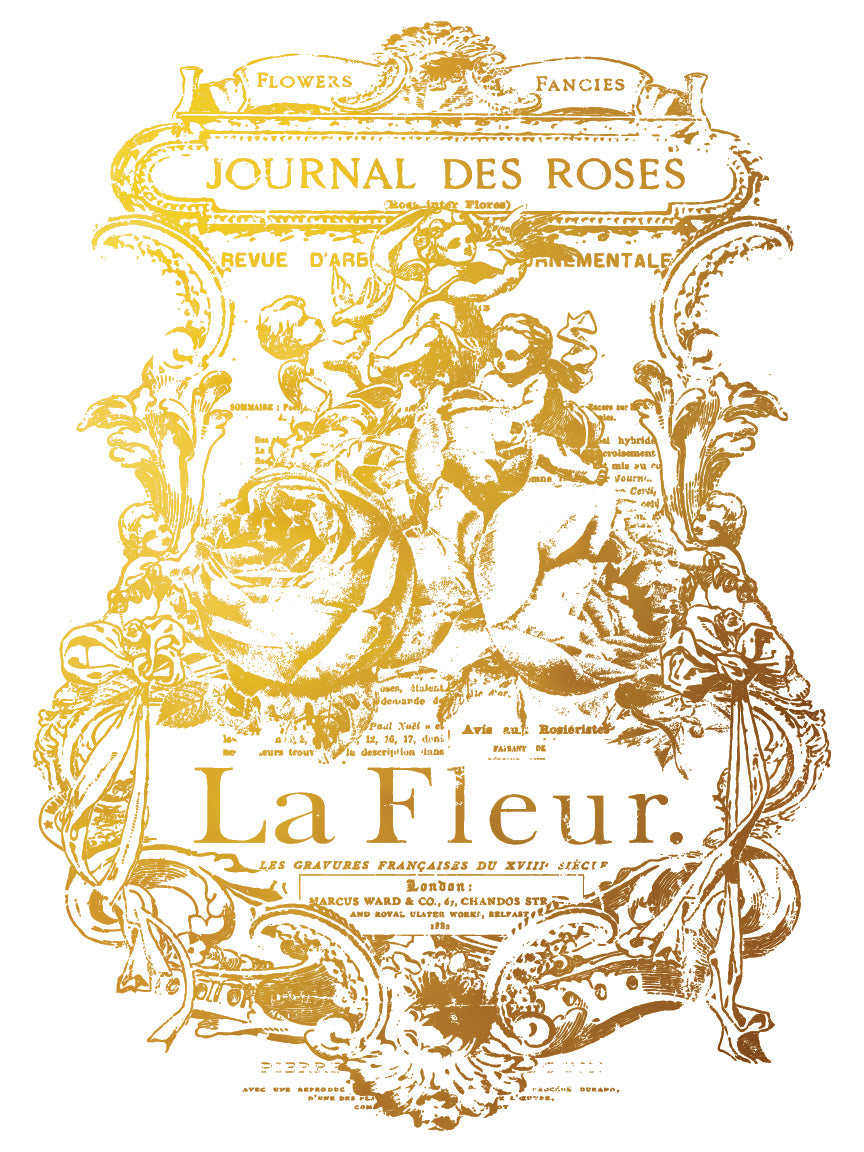 French text La Fleur alongside cherubs and flowers from vintage advertising by Iron Orchid Designs 