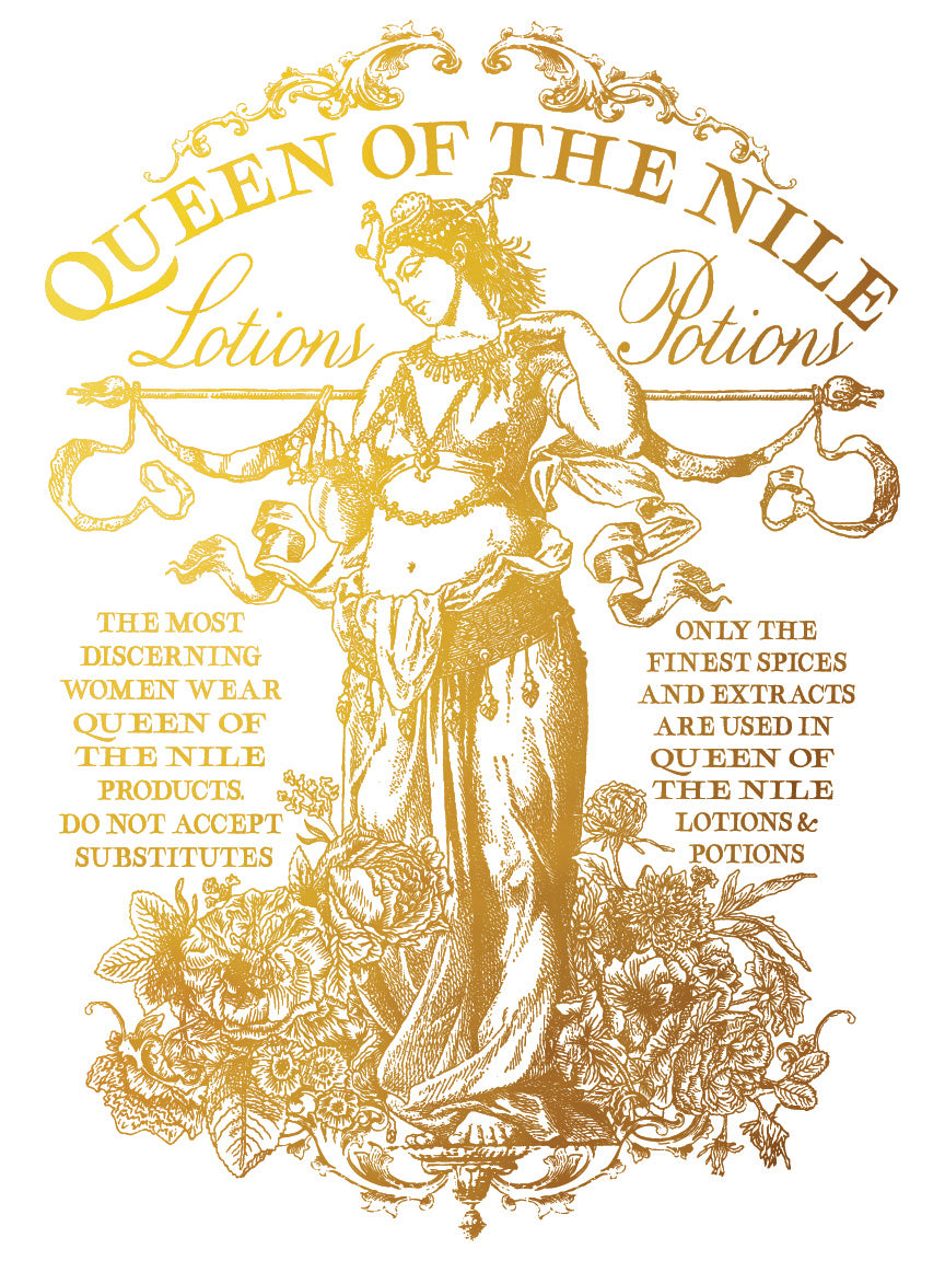 Gold image and text on a white background showing an exotic lady on a vintage advertising sign for Queen of the Nile by Iron Orchid Designs