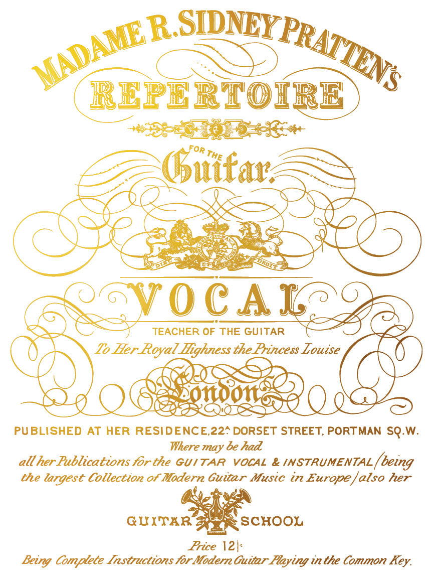 Gold vintage advertising text on a white background from Iron Orchid Designs.