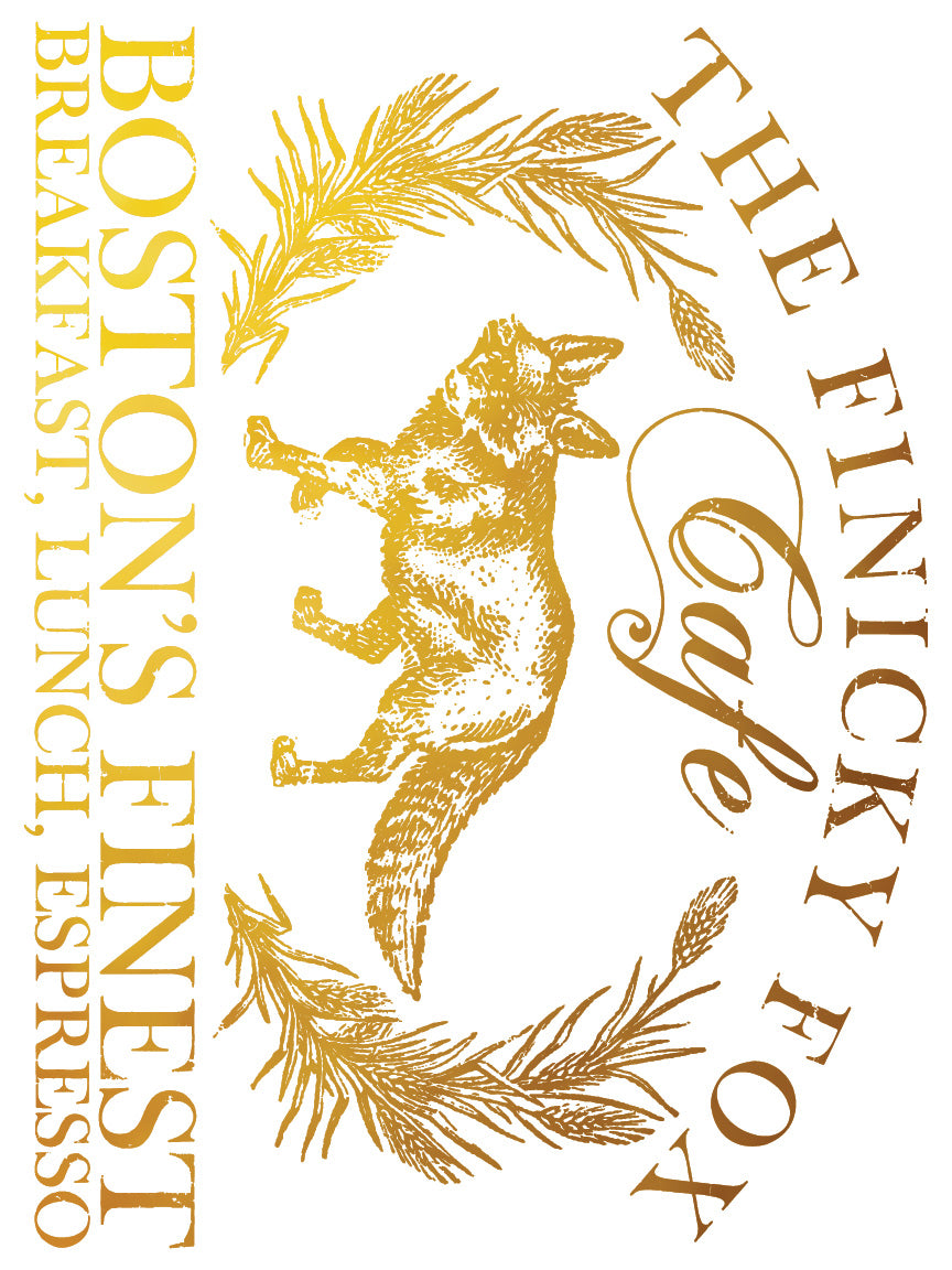 Gold text and image of a fox from a vintage advert for The Finicky Fox by Iron Orchid Designs