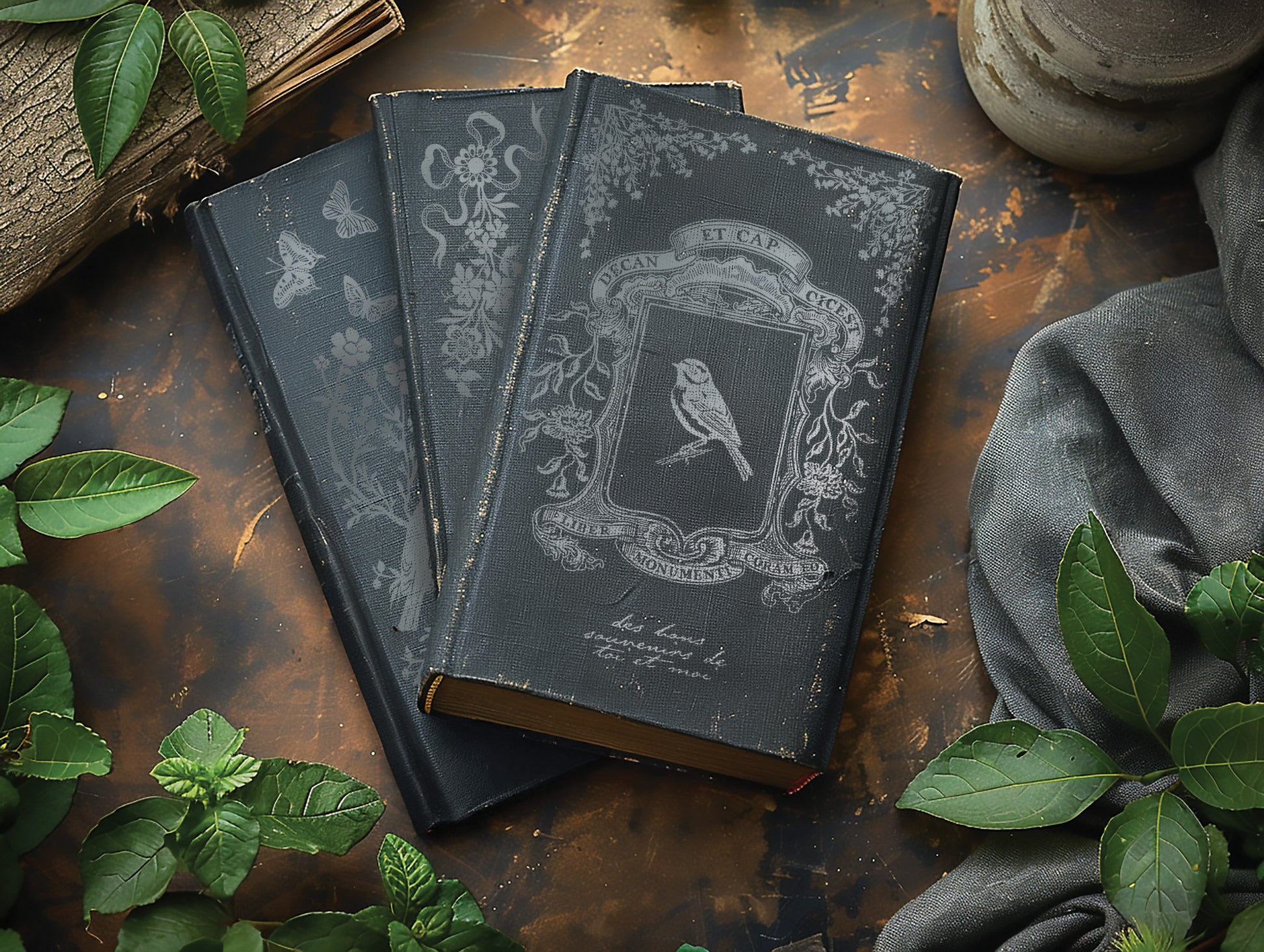 Decorative black books with ornate silver designs from Iron Orchid Designs Papillon transfer on a rustic wooden surface with green leaves.