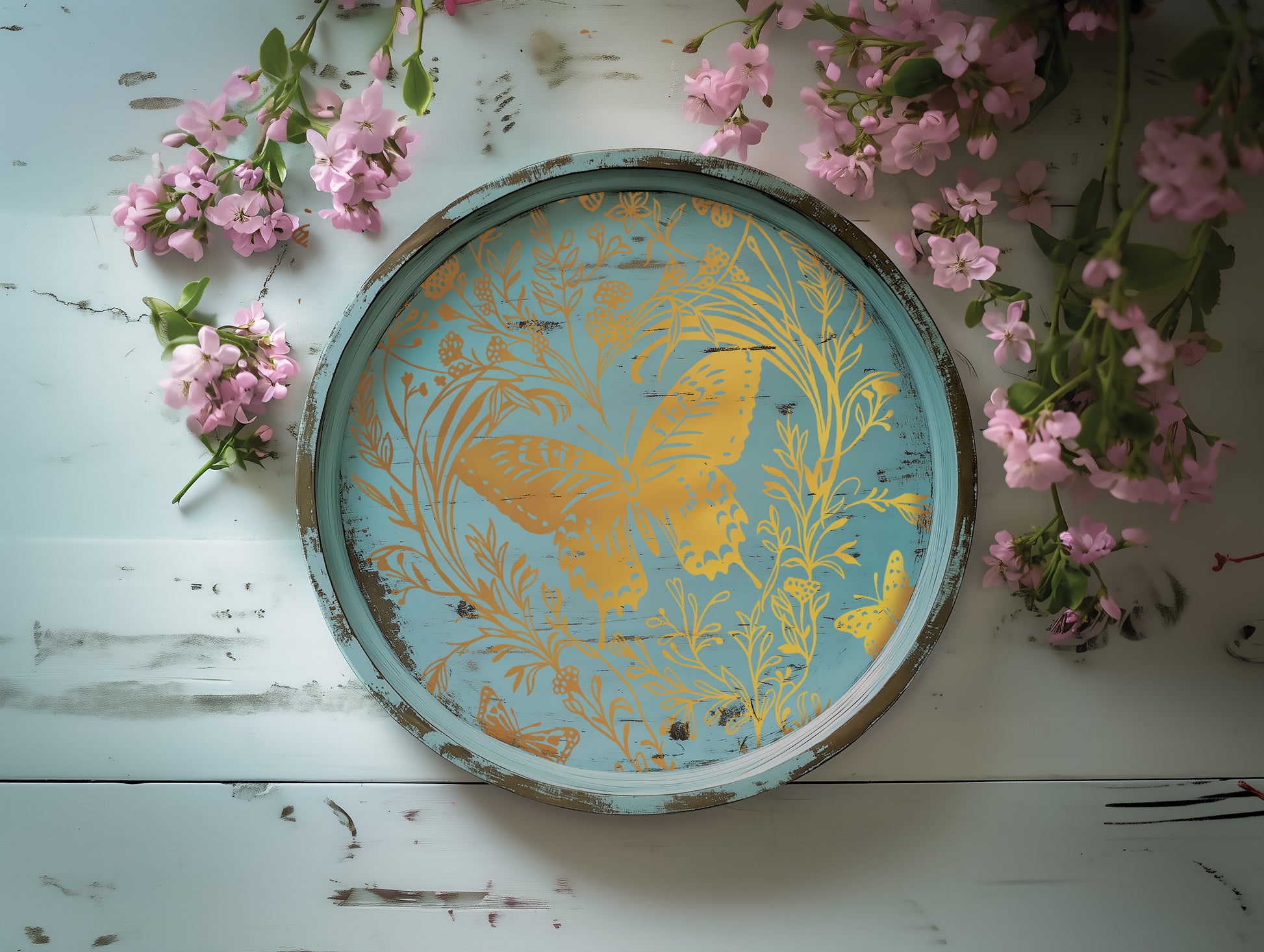 Decorative green wooden plate with Iron Orchid Designs Papillon butterfly design laying on a white surface with pink flowers