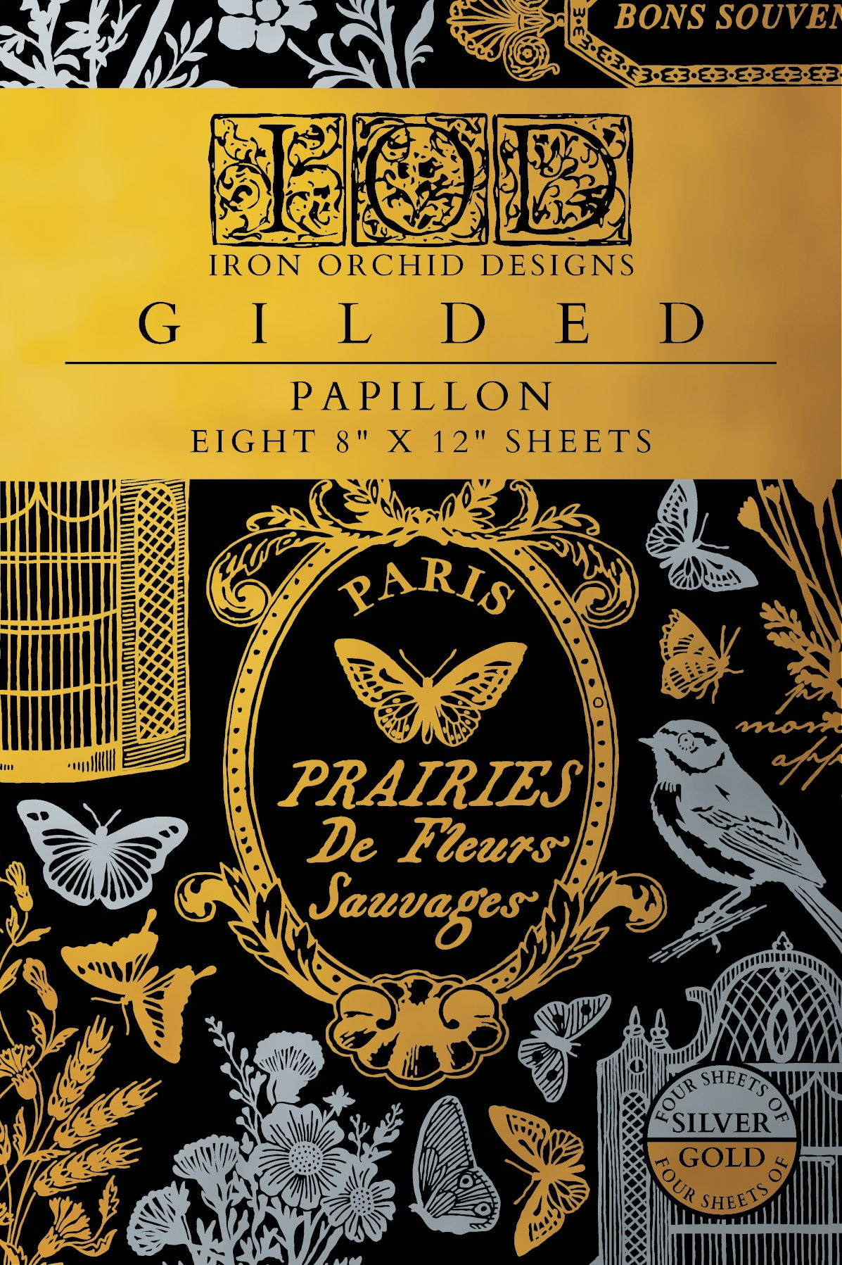 Gilded Papillon Transfer from Iron Orchid Designs paper pack with gold and silver floral and butterfly designs on a black background