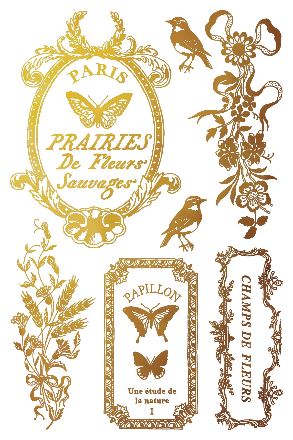 Decorative gold elements with floral designs, butterflies, and text in a vintage style by Iron Orchid Designs
