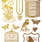 Decorative elements including birds, cages, and butterflies in gold on a white background by Iron Orchid Designs
