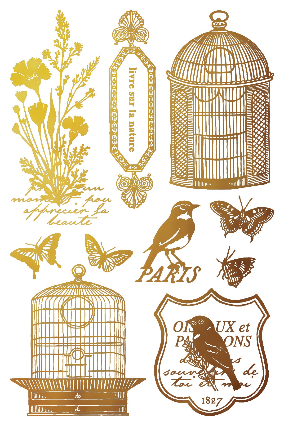 Decorative elements including birds, cages, and butterflies in gold on a white background by Iron Orchid Designs