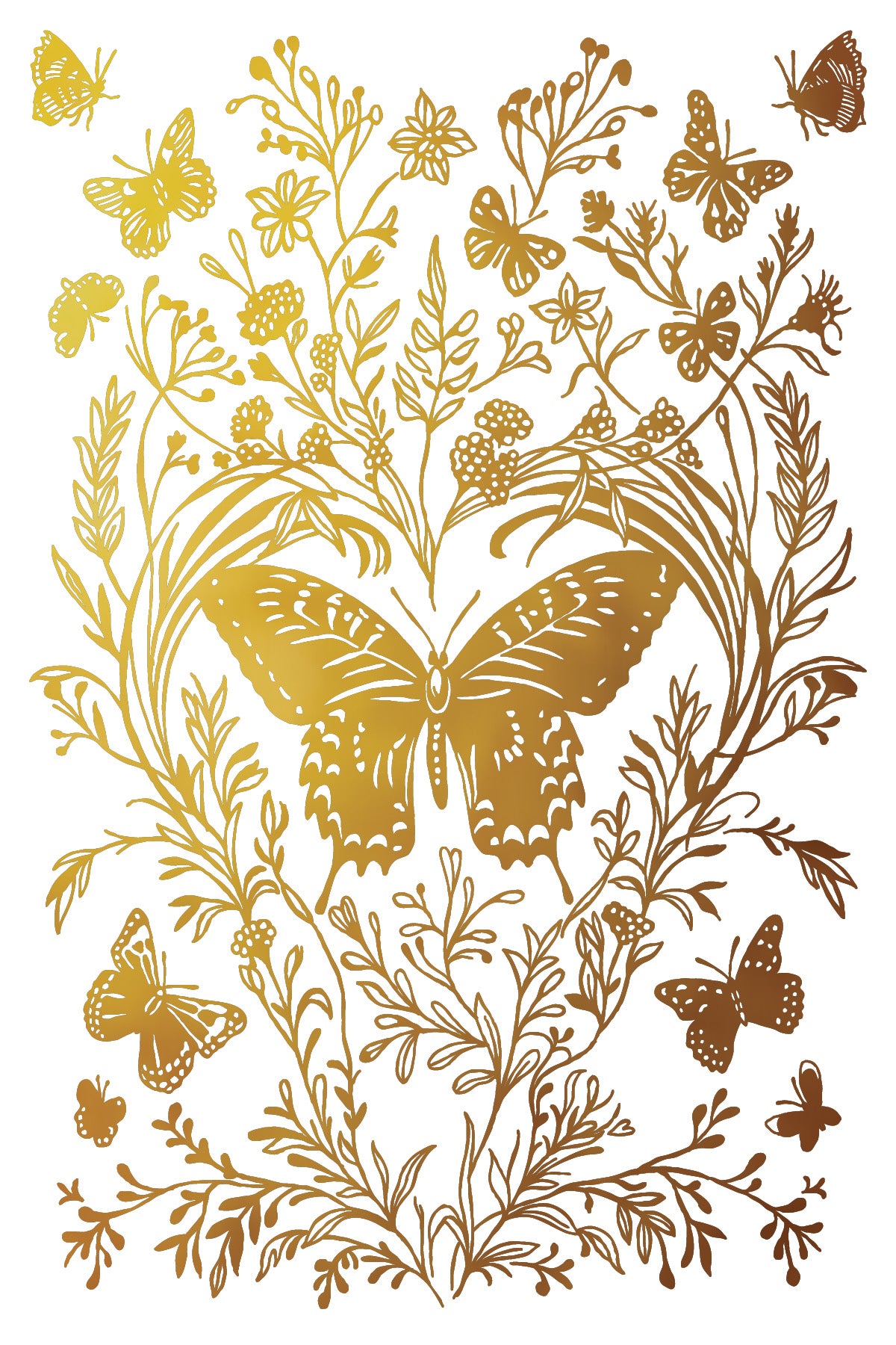 Decorative design with butterflies and foliage in gold on a white background by Iron Orchid Designs