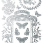 Decorative design with butterflies, flowers, and classical text in silver on a white background by Iron Orchid Designs