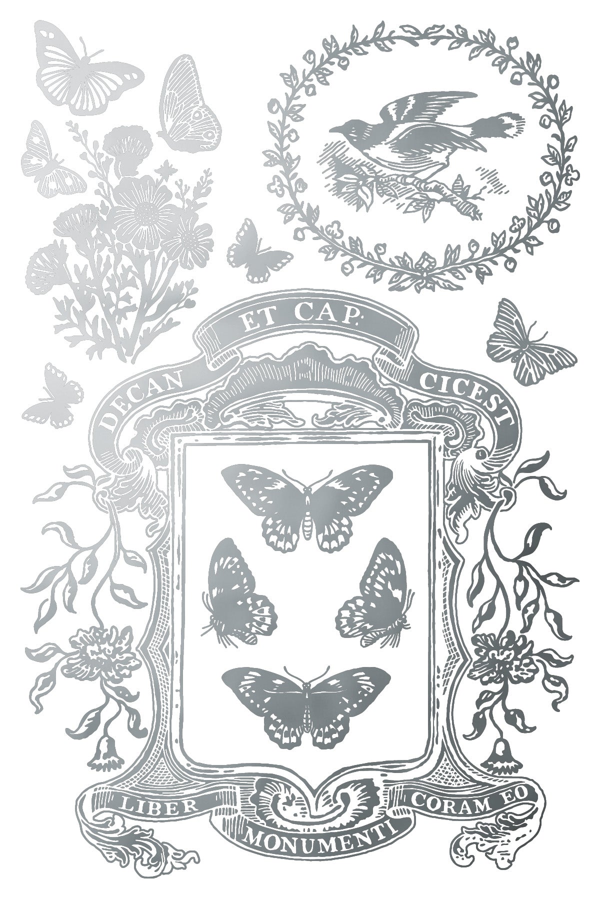 Decorative design with butterflies, flowers, and classical text in silver on a white background by Iron Orchid Designs