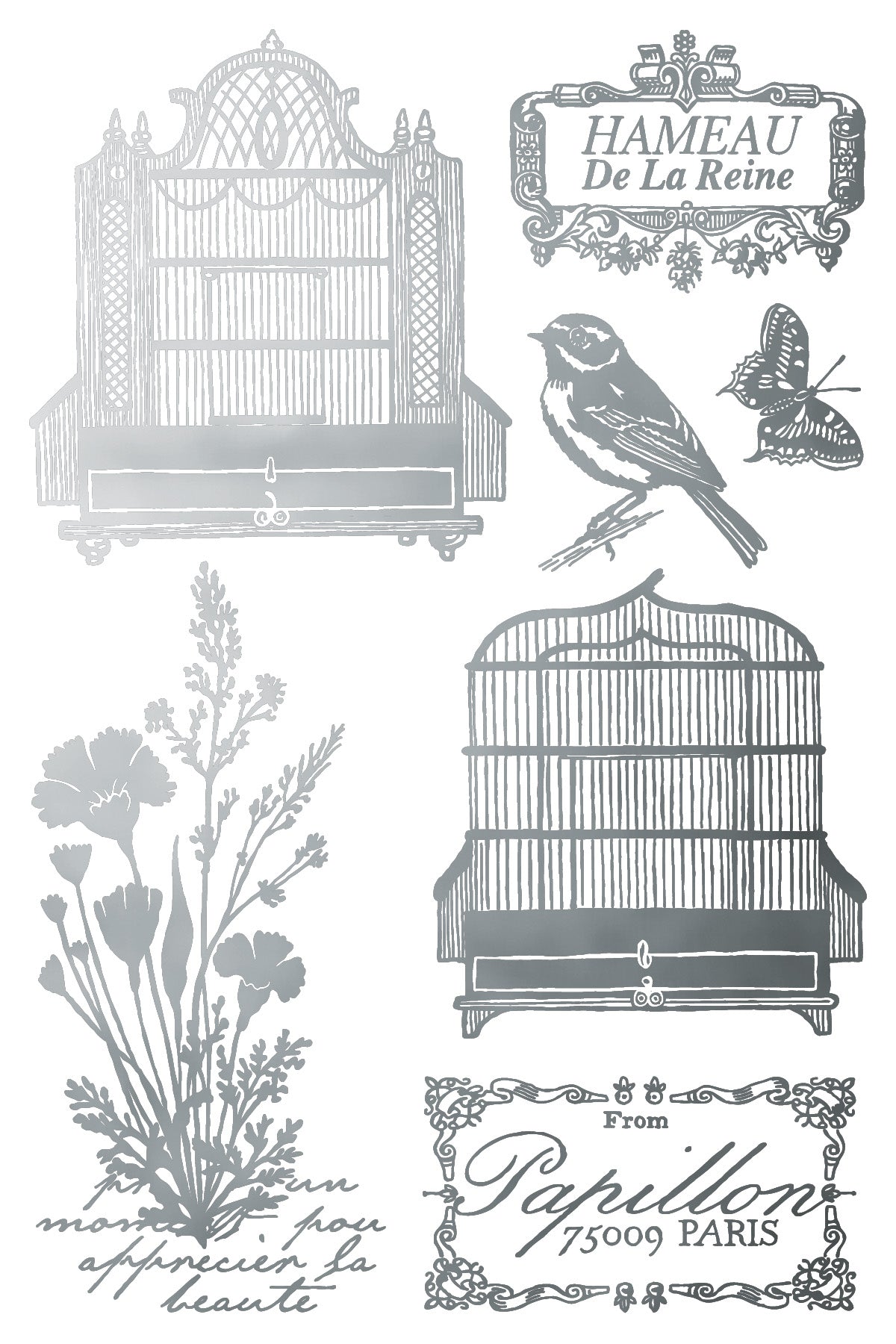 Decorative silver designs with birdcages, birds, and floral elements on a white background by Iron Orchid Designs