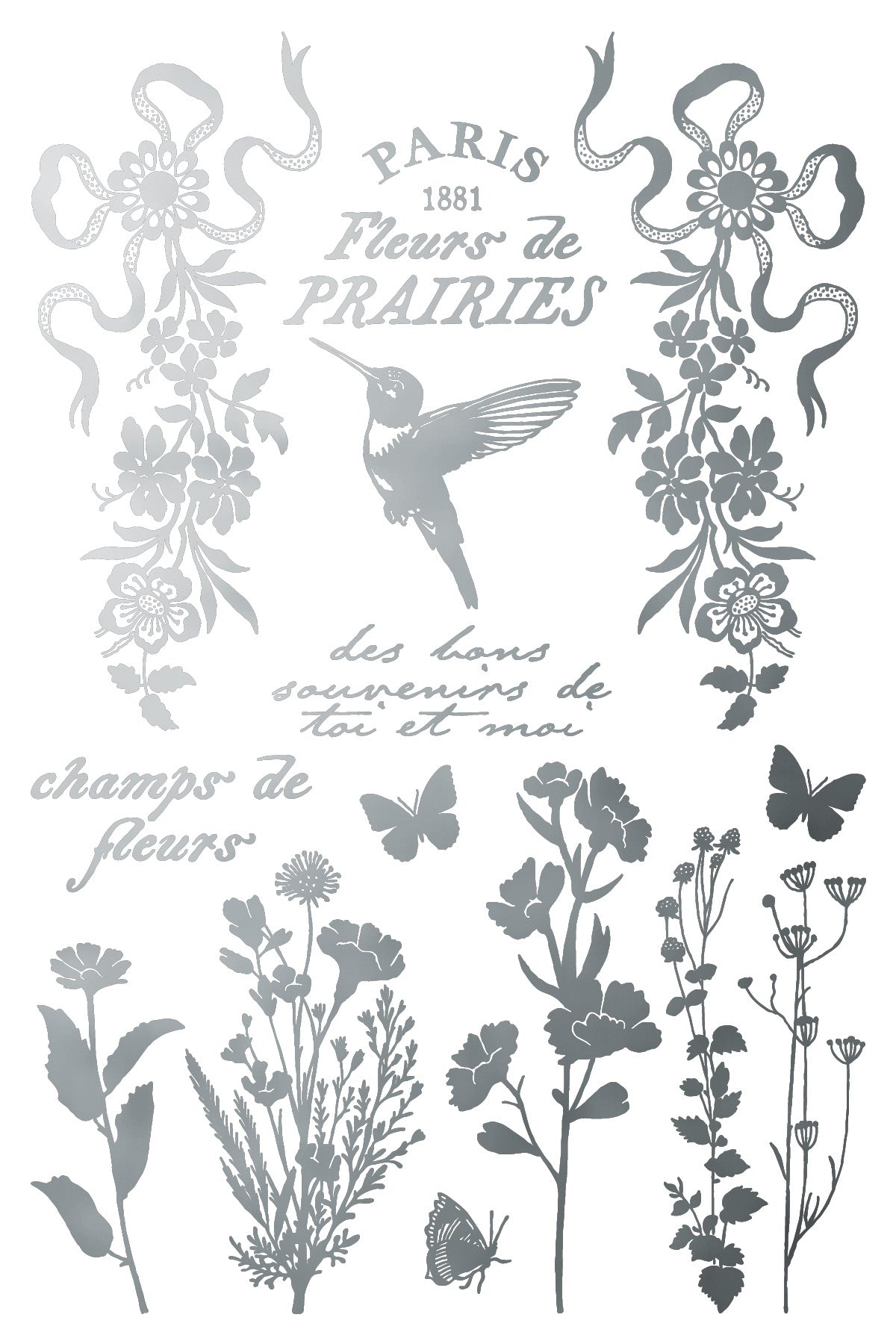 Decorative design with floral elements, a hummingbird, and text in silver on a white background by Iron Orchid Designs