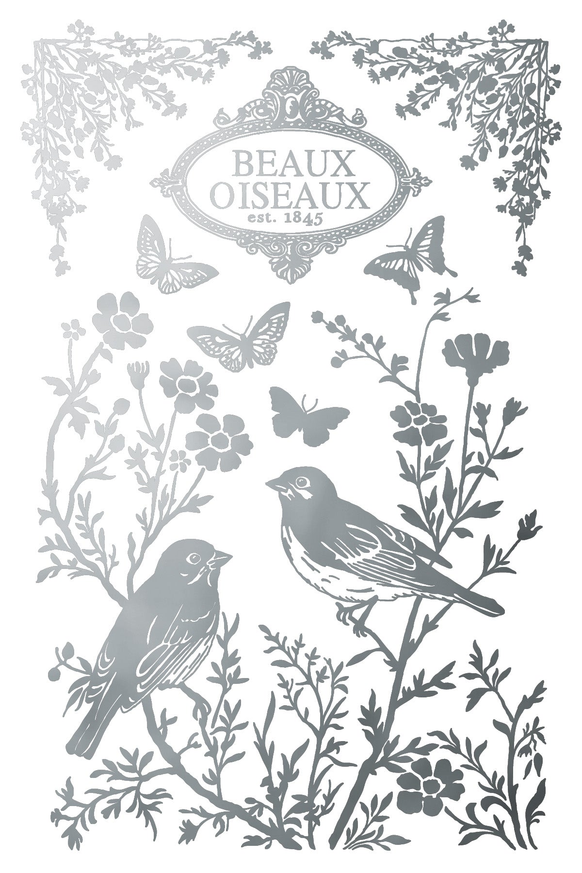Decorative silver designs with birds, flowers, and butterflies on a white background from Iron Orchid Designs