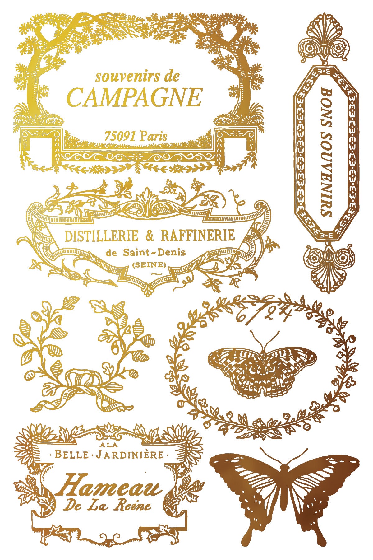 Collection of vintage-style decorative elements and labels with text and butterflies on a white background by Iron Orchid Designs