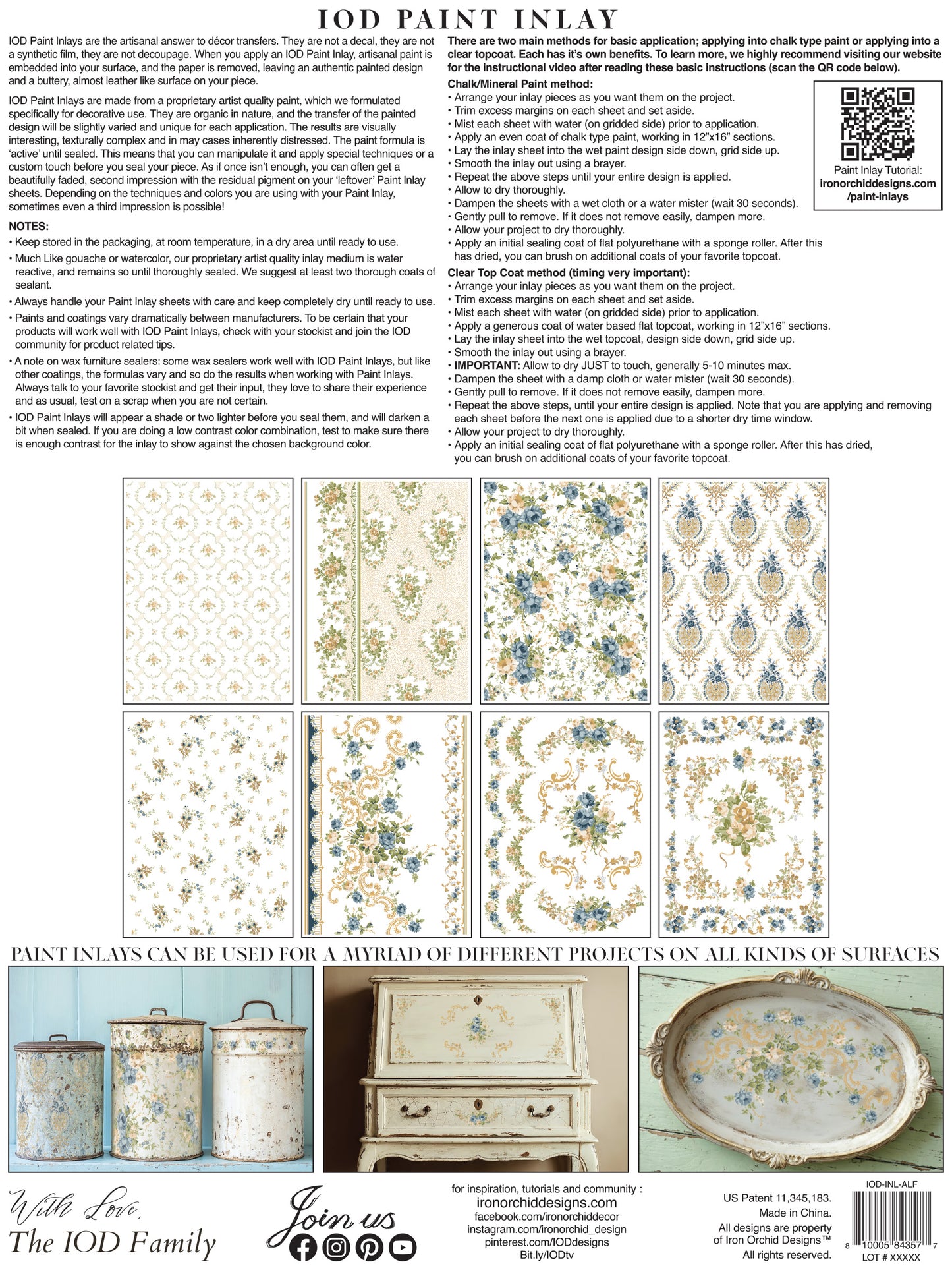 IOD Paint Inlay packaging with patterns and product images on a white background from Alfred Peats & Co