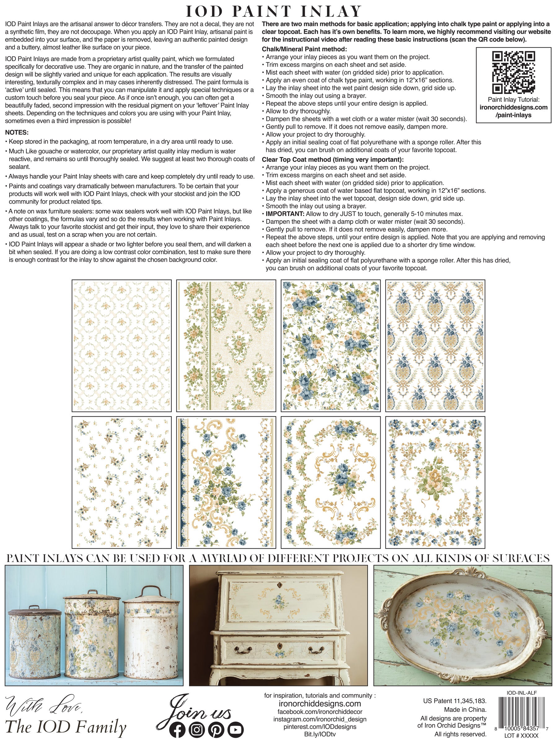 IOD Paint Inlay packaging with patterns and product images on a white background from Alfred Peats & Co