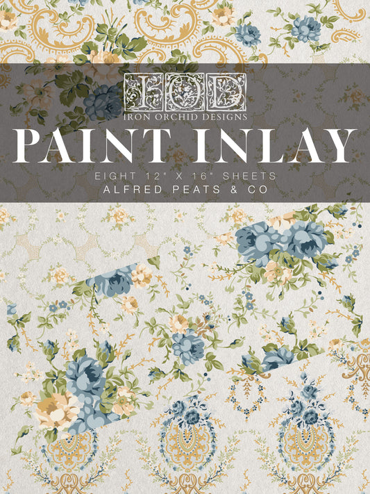 Packaging of Iron Orchid Designs Paint Inlay Alfred Peats & Co with floral patterns and brand name.