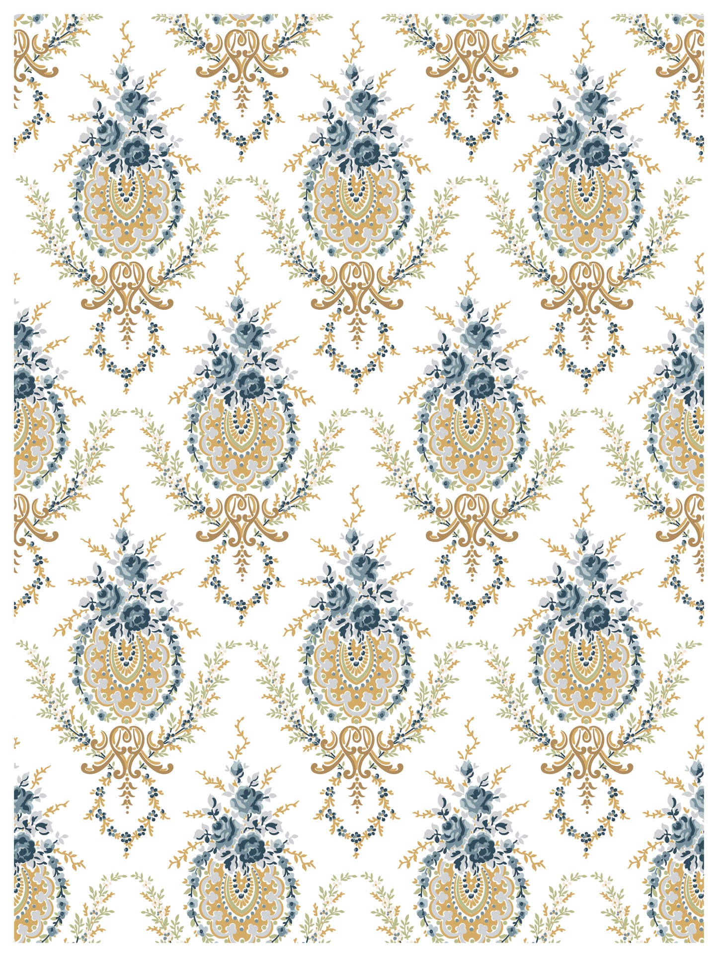 Decorative pattern with blue and gold elements on a white background from Iron Orchid Designs Alfred Peats & Co Inlay
