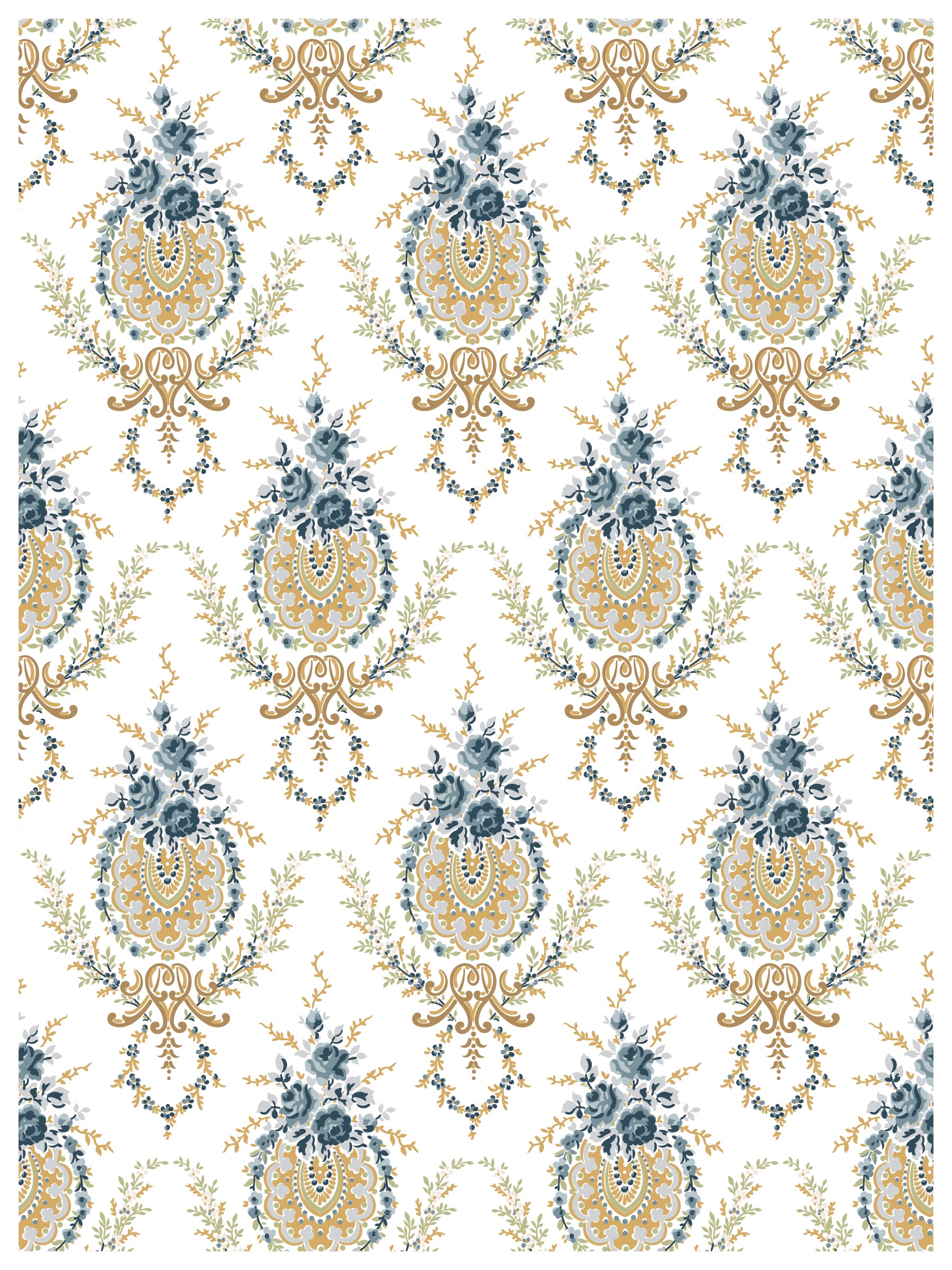 Decorative pattern with blue and gold elements on a white background from Iron Orchid Designs Alfred Peats & Co Inlay