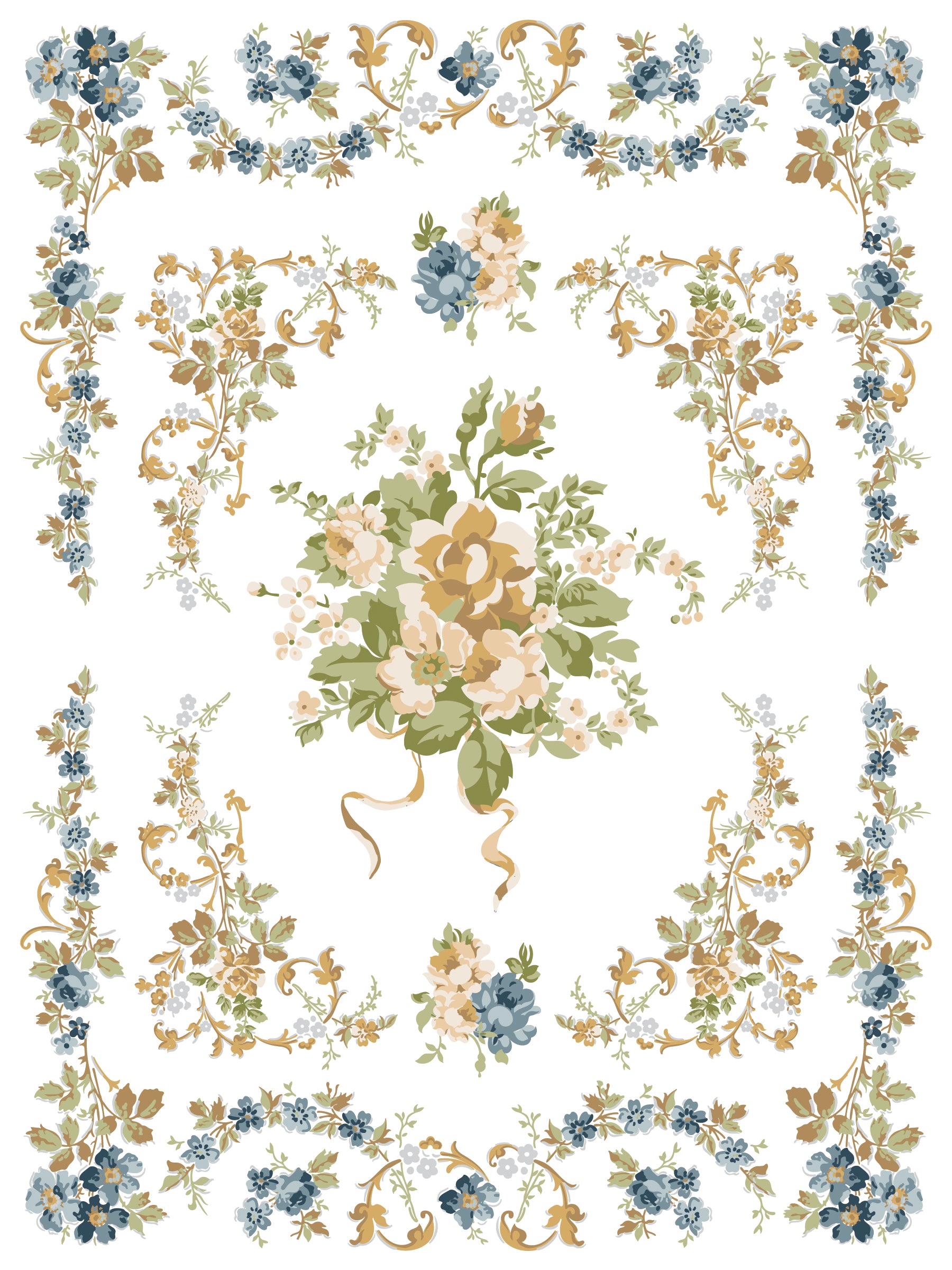 Decorative floral pattern with flowers and leaves on a white background from Iron Orchid Designs Alfred Peats & Co Inlay