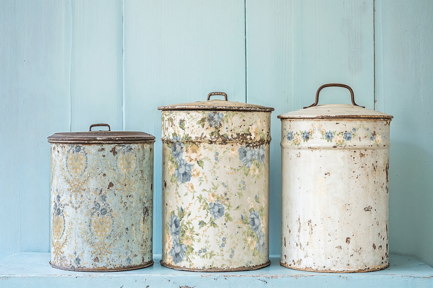 Three vintage-style metal canisters with floral patterns against a light blue wooden background