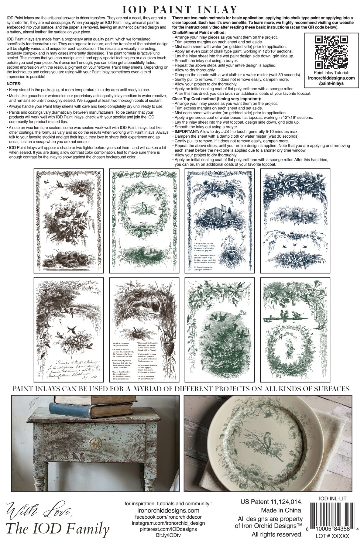Back of packaging with illustrations and text on a white background from Iron Orchid Designs Little Lark Inlay