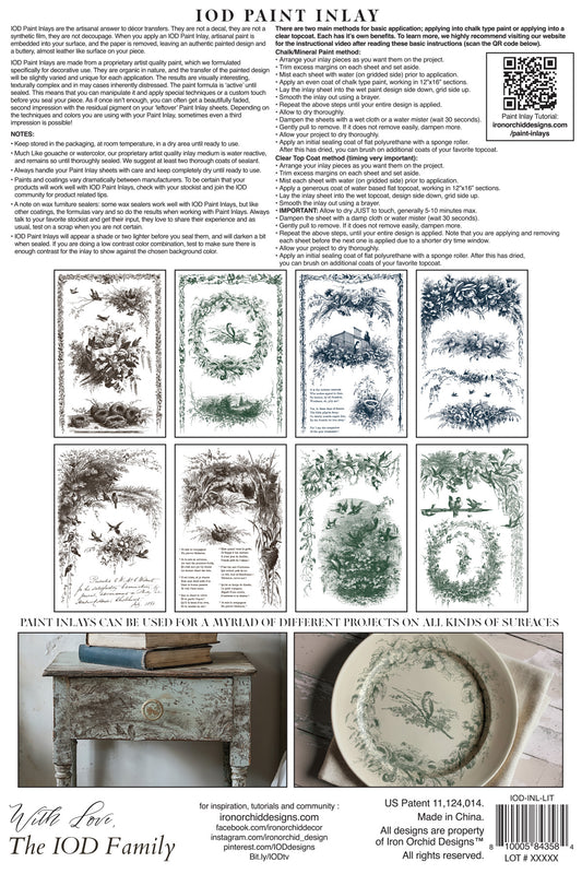 Back of packaging with illustrations and text on a white background from Iron Orchid Designs Little Lark Inlay