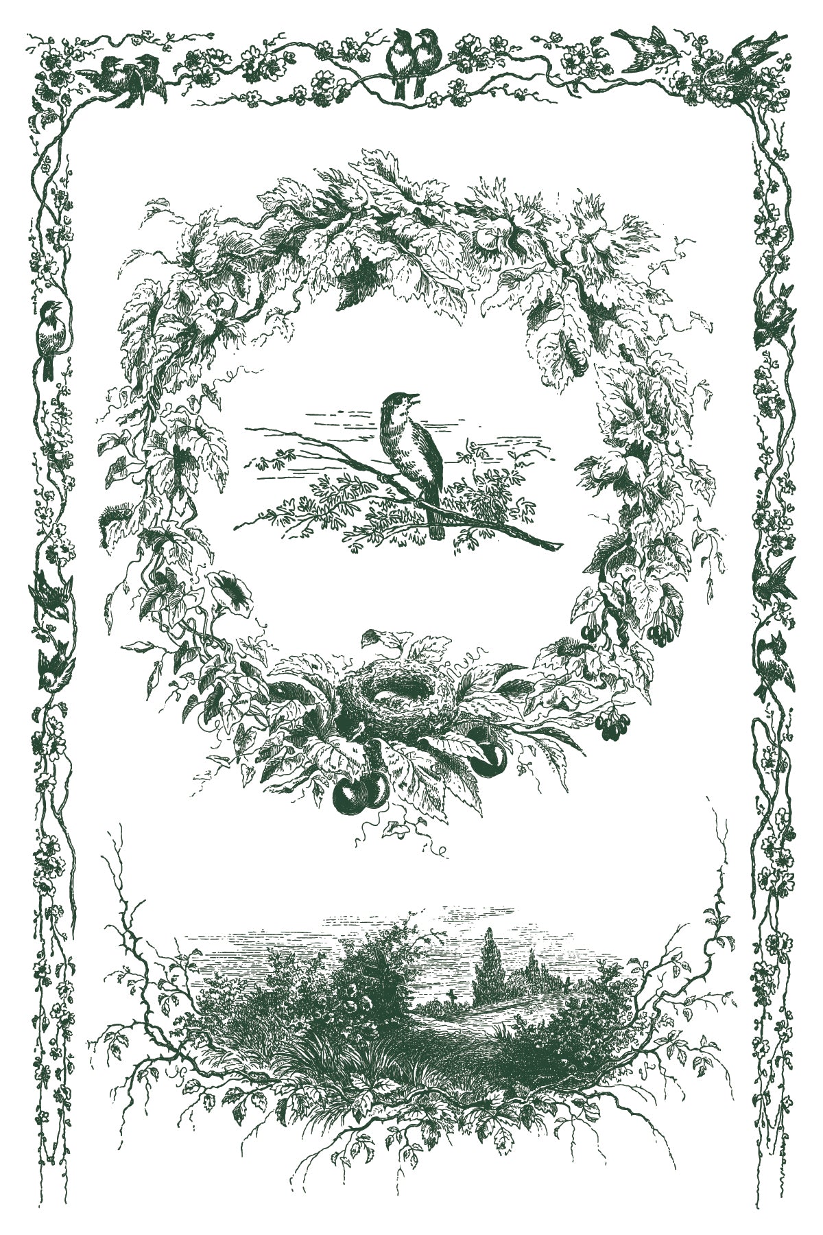 Decorative border in green with birds, foliage, and a landscape from Iron Orchid Designs Little Lark inlay